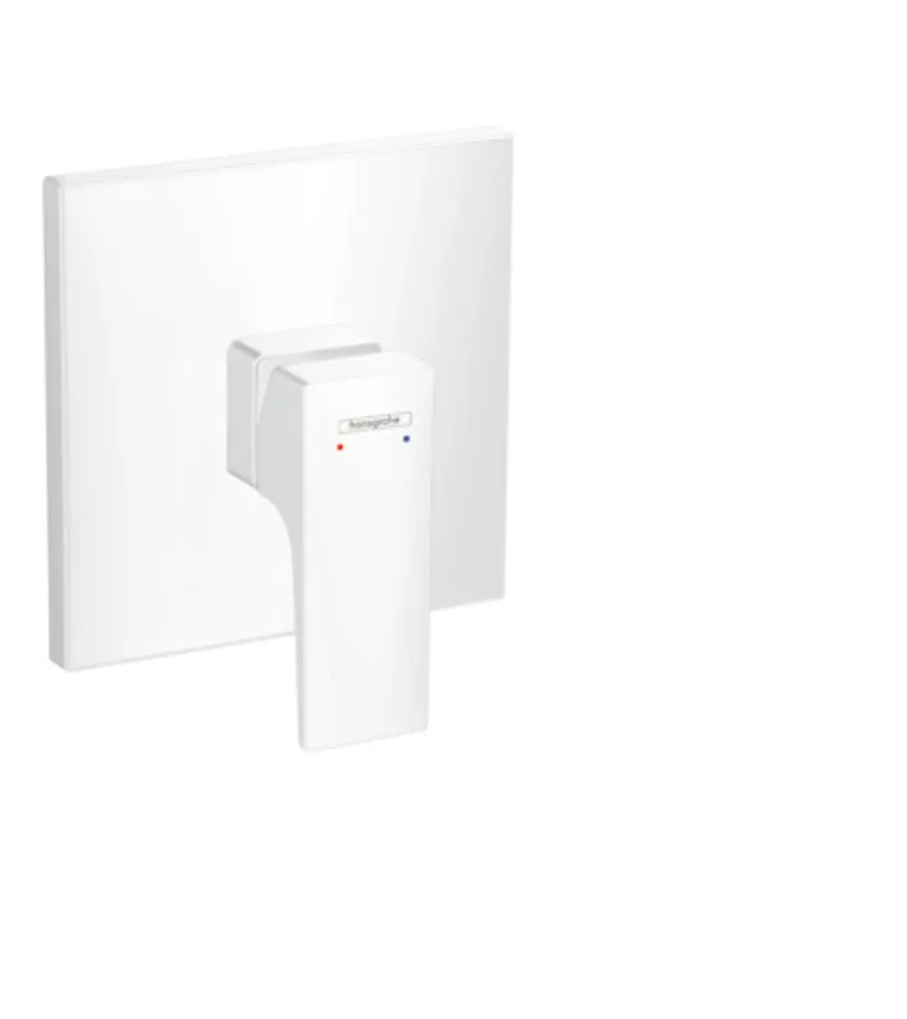 Weißer Unterputz-Brausemischer mit Hebelgriff von Hansgrohe, geeignet für iBox universal, montiert an einer hellen Wand.